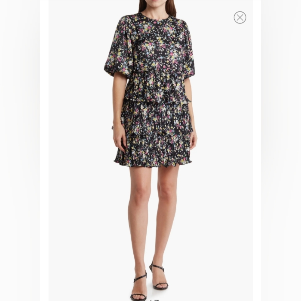 Melloday Dark Floral Puff Sleeve Pleated Tiered Satin Dress Black Size L